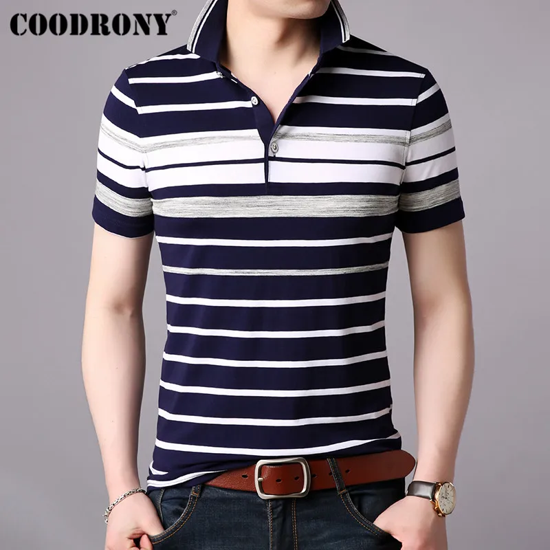 

COODRONY Short Sleeve T Shirt Men 2019 Spring Summer Men's Shirt Striped Top Business Casual Turn-down Collar T-shirt Men S95025