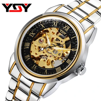 

YISUYA Luxury Skeleton Watches Automatic Mechanical Self-wind Wrist Watches Men's Golden Business Clock Time reloj hombre