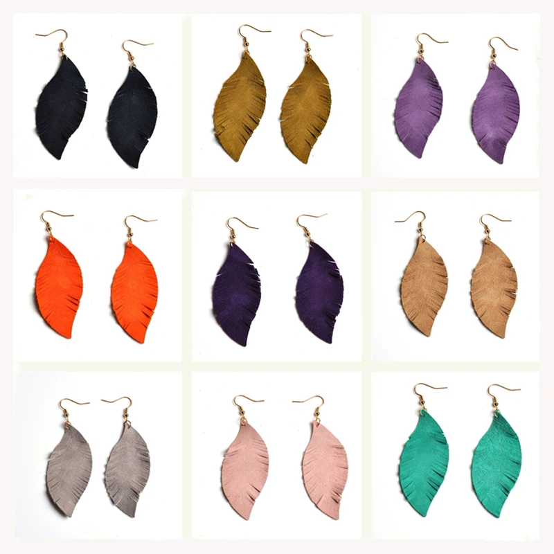 

17 Colors Real Sheepskin Drop Earrings Feather Shaped Design Summer Holiday Dangle Earring For Women Female Leaf Leather Jewelry