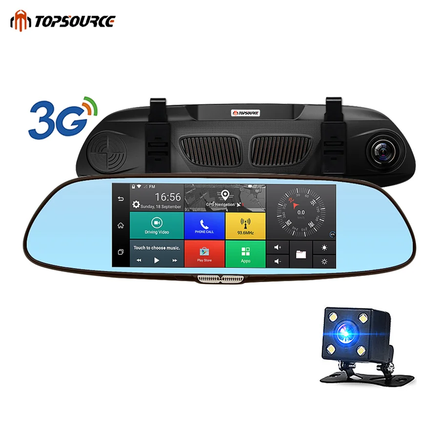 

TOPSOURCE Car DVR Android 3G Bluetooth Dual Lens Rearview Mirror Video Recorder 7" HD 1080P Automobile Camera DVR Mirror RAM 1GB