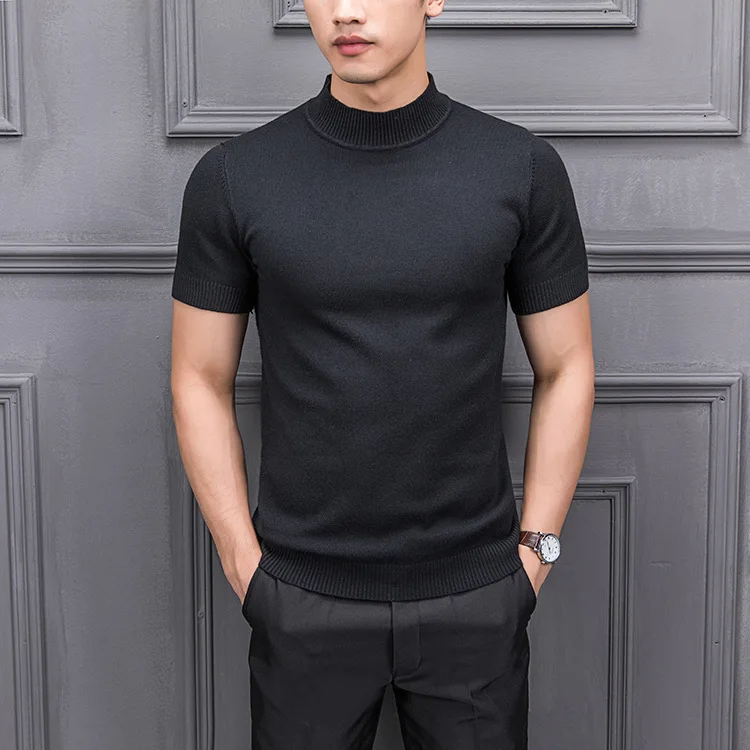 

8 Colors Men Solid Color Half Turtleneck Short Sleeve Pullover Sweater Male Fashion Casual Slim Fit Knitted Weather Tees Shirts
