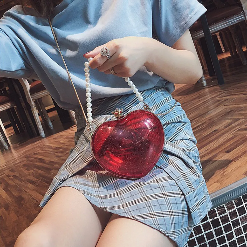 

Women's Bags Clear PVC Jelly Small Shoulder Bag Pearl heart-shaped Crossbody Bag Waterproof Diamond Chain Pack Handle bolsa