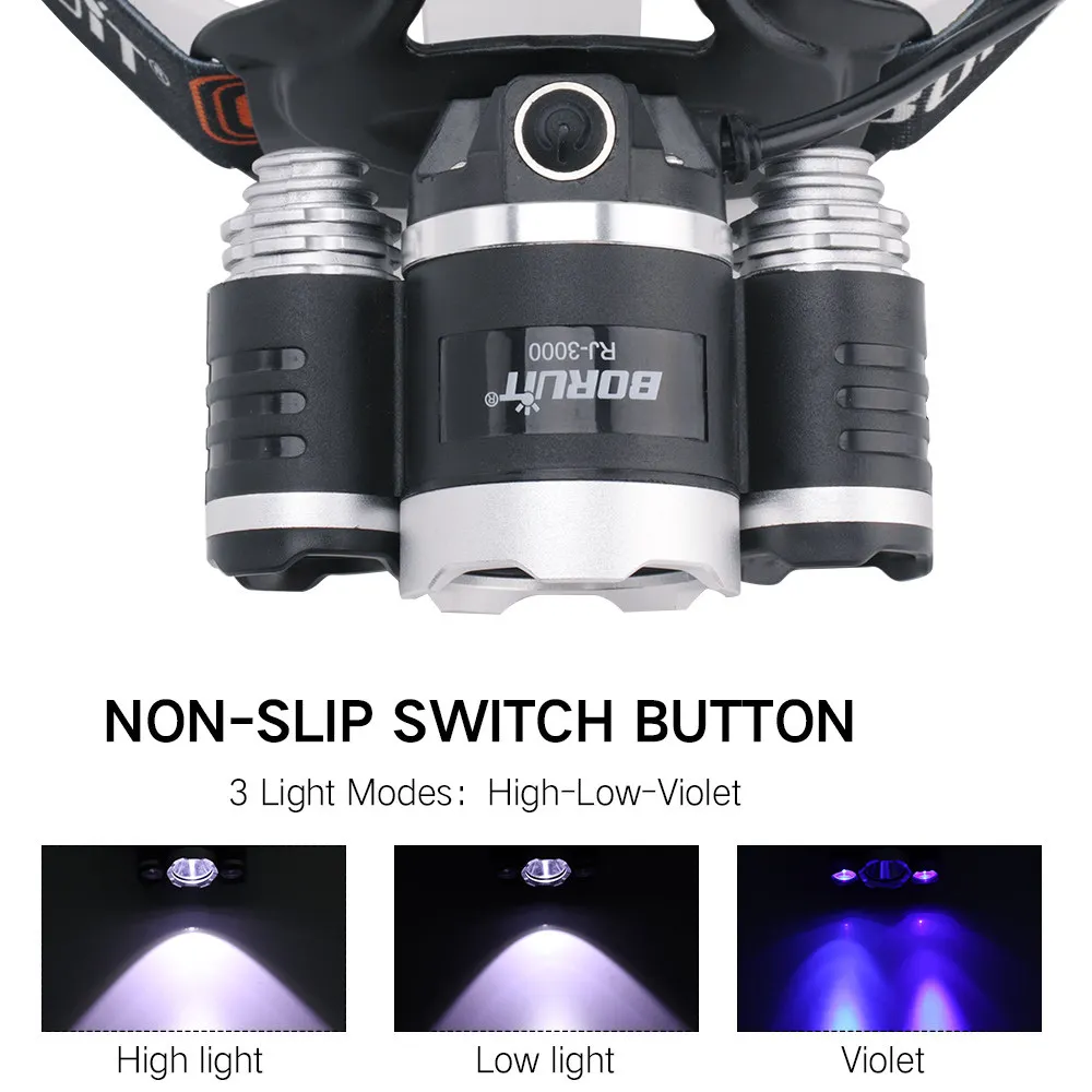 BORUiT T6 XPE 390nm УФ светодиодный налобный фонарь 1000ЛМ 3 режима мощный для кемпинга и