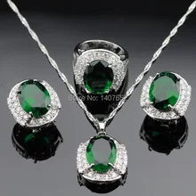 Emerlad verde Creado CZ Blanco Color Plata Sistemas de La Joyería Para Las Mujeres Pendientes de Aro de Navidad Collar Colgante Anillos Caja Libre