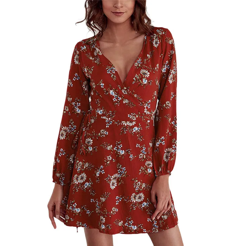 Fashion dress women summer Autumn 2018 Long Sleeve Floral Print lacing Casual Mini Dress Floral Dress vestido A21#N (3)