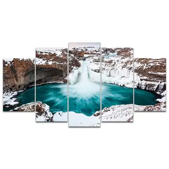 

5 Piece Snowy Waterfall Teal Lake Canvas Picture Giclee Print Artwork Winter Snow Mountain Landscape Printed Paint Drop shipping