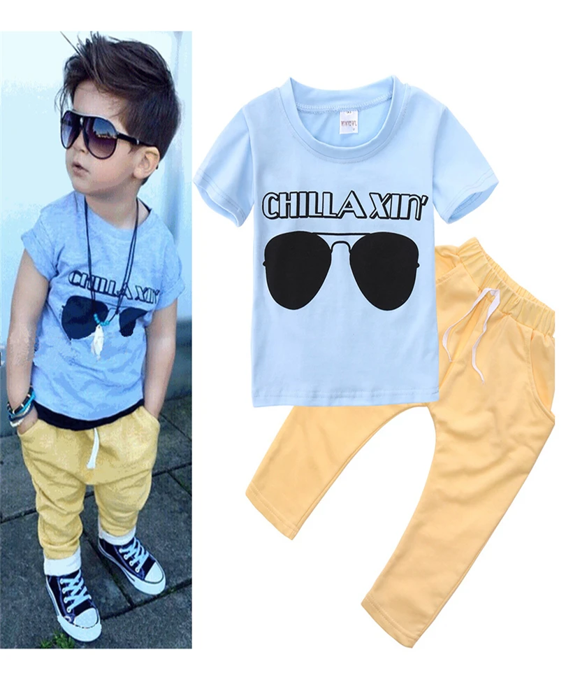 

2017 New Summer Kids Baby 2PC Boys Short Sleeve Cotton Blue Top + Yellow Pants Chidlren Sets clothes Outfits Hot Sale
