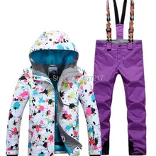 Новое поступление, женский лыжный костюм, женский лыжный костюм для сноубординга, Женская лыжная куртка с цветочным принтом и фиолетовая подвеска, лыжные штаны