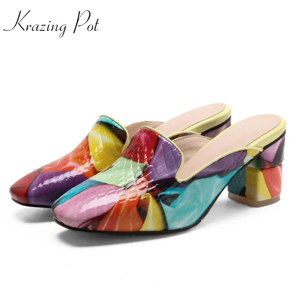 

Krazing pot 2019 summer season cow leather high heels colorful shallow square toe slip on dinner party luxury banquet pumps L7f5