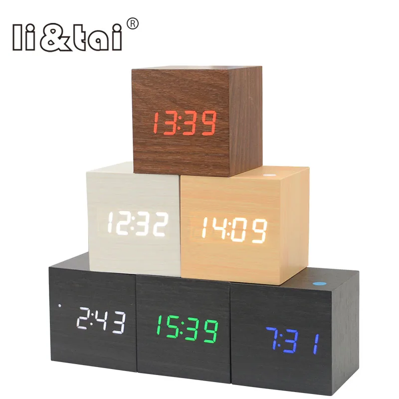 Koop Multicolor Cube LED Houten Wekker Moderne Sound Control Vierkante Desktop Tafel Digitale Thermometer Hout USB AAA Datum Display