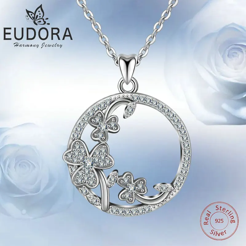 Eudora 925 Sliver good Lucky Shamrock Pendant Neckalce Ireland Flower Crystal CZ Torque Charm Sterling Sliver Jewelry for Women Fashion Jewelry