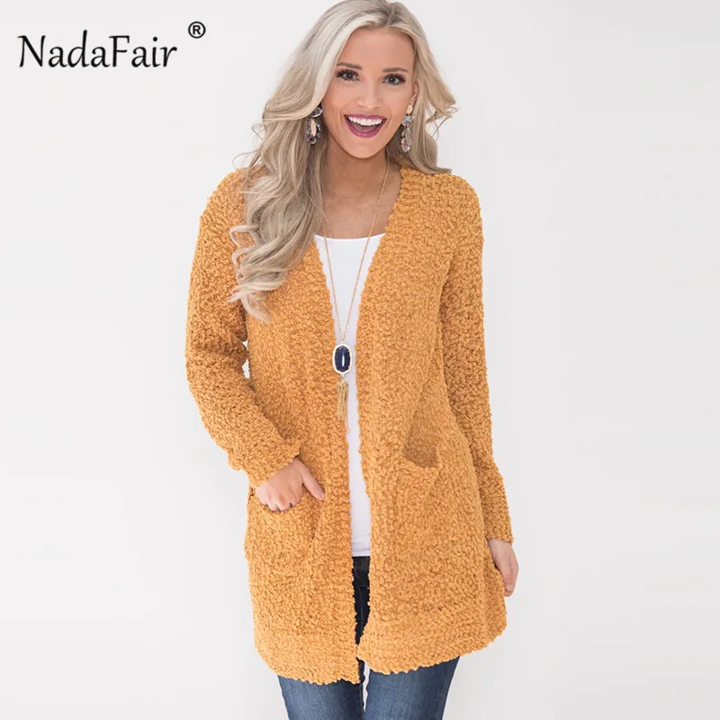 Nadafair long fleece fur jacket coats women open stitch