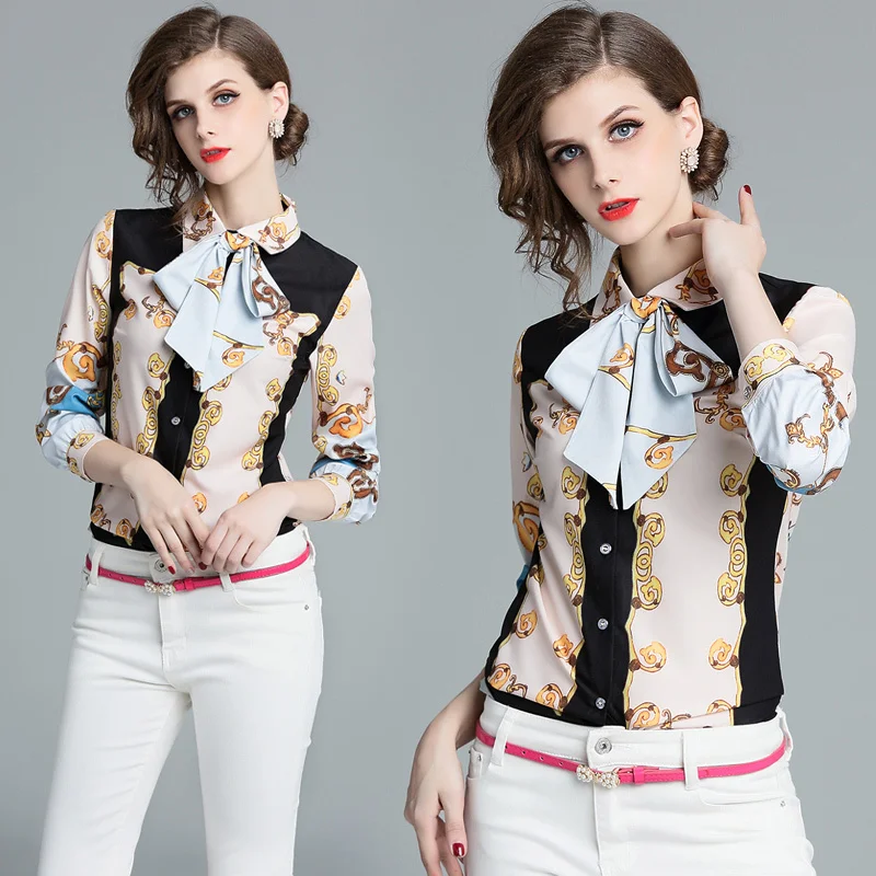 

2019 Spring Summer Fall Runway Vintage Floral Print Collar Bow Tie Neck Long Sleeve OL Womens Ladies' Casual Tops Shirts Blouses