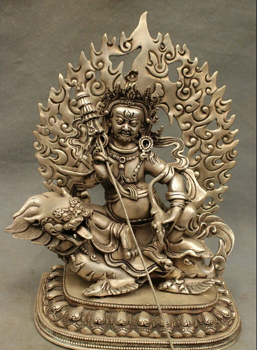 

12" Tibet Buddhism Silver King of Wealth Jambhala Buddha Statue Ride Dragon Lion