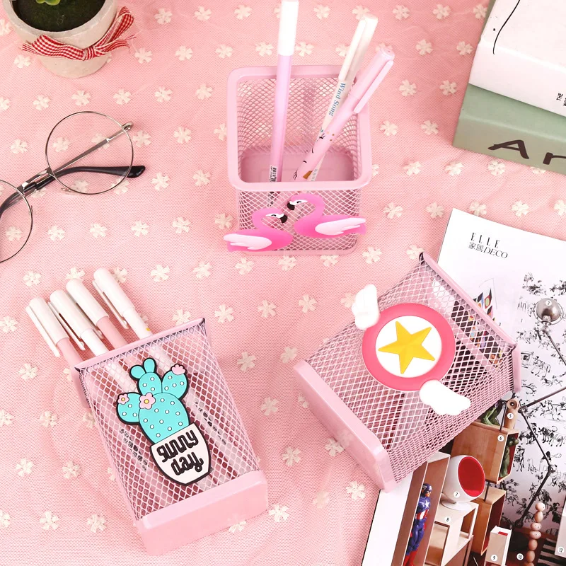 Pink Unicorn Cactus Flamingo Square Desktop Pen Holder Office School Metal Makeup Brush Storage Case Desk Pen Pencil Organizer