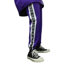 Осень человек Мода High Street боковой полосой печати узор связаны ноги брюки эластичный пояс черный/фиолетовый брюки m-2XL