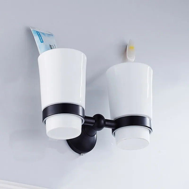 Black Oil Rubbed Bronze Wall Mounted Toothbrush Holder Double Cups Bathroom Accessories KD866