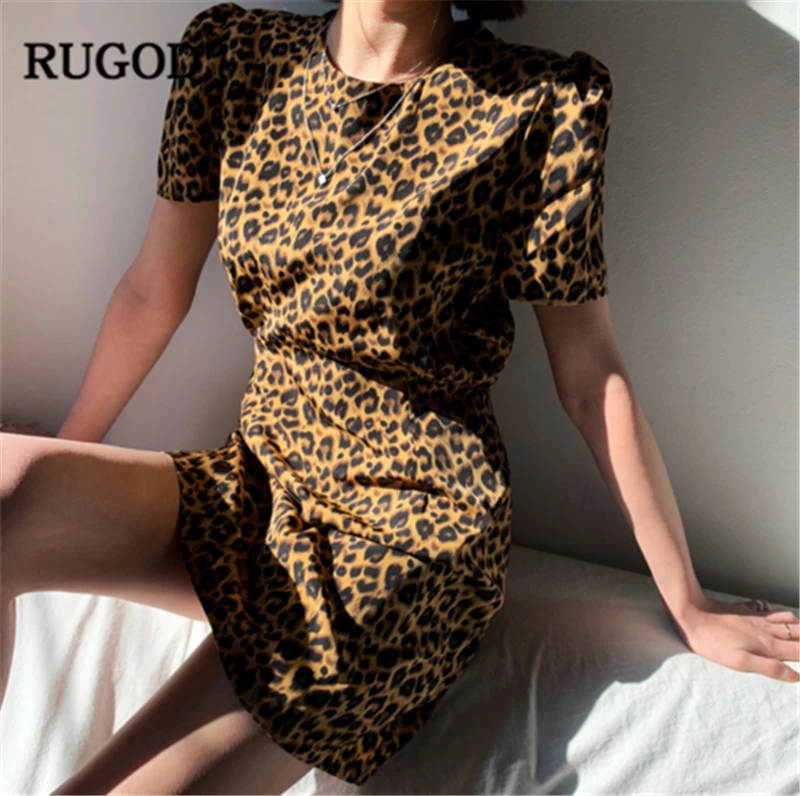 RUGOD летнее женское леопардовое платье с О-образным вырезом и короткими рукавами, тонкое мини-платье в Корейском стиле для темпераментных женщин