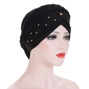 

Braid Muslim Hat Soft Turban Beanie Head Wrap Hijab with Beads Chemo Cap Hair Loss Cover