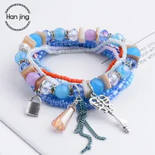 

Luxury Jewelry Fashion Boho Beads Wrap Crystal Nature Stone Bracelets For Women Lock Key Silver Charm Bracelet Femme Gift Bijoux