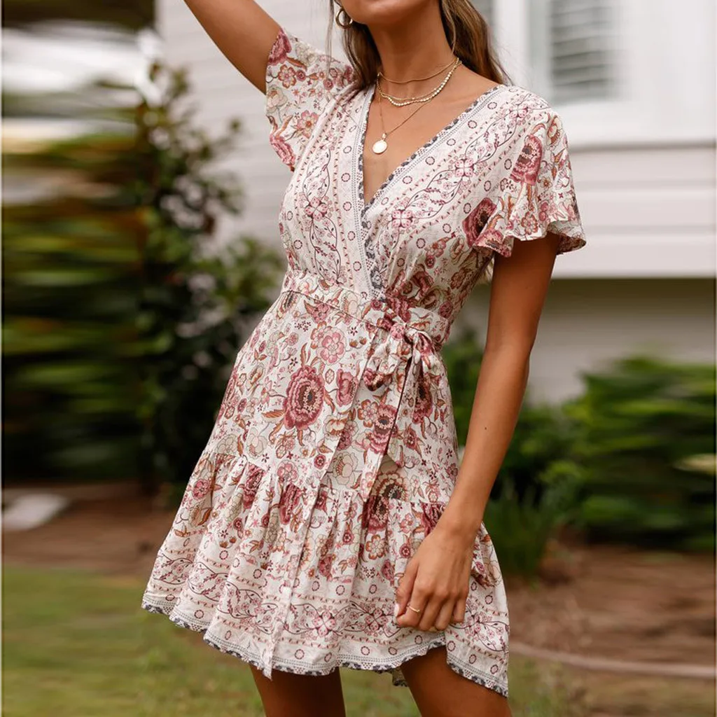 A-White Женское платье Vestidos Verano, женское сексуальное повседневное богемное платье средней длины с высокой талией и v-образным вырезом в национальном стиле - Цвет: A-White