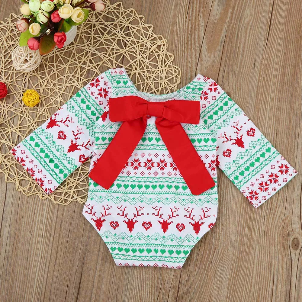 Newborn Kids Baby Girls Christmas Outfit Clothes Bow Long Sleeve Romper
