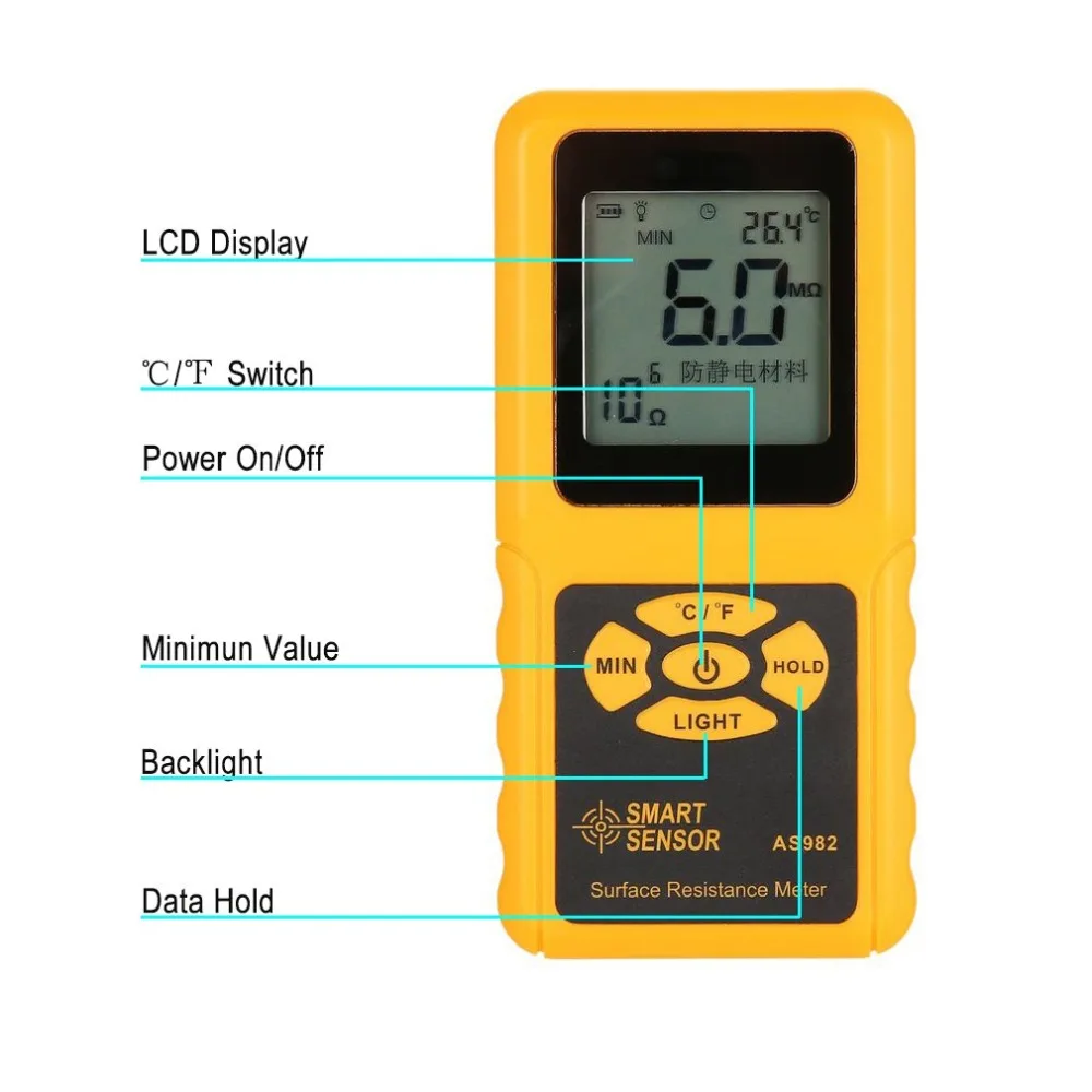 SMART SENSOR AS982 Portable surface resistance meter tester Handheld Earth Resistance Meter Data Holding function LCD display