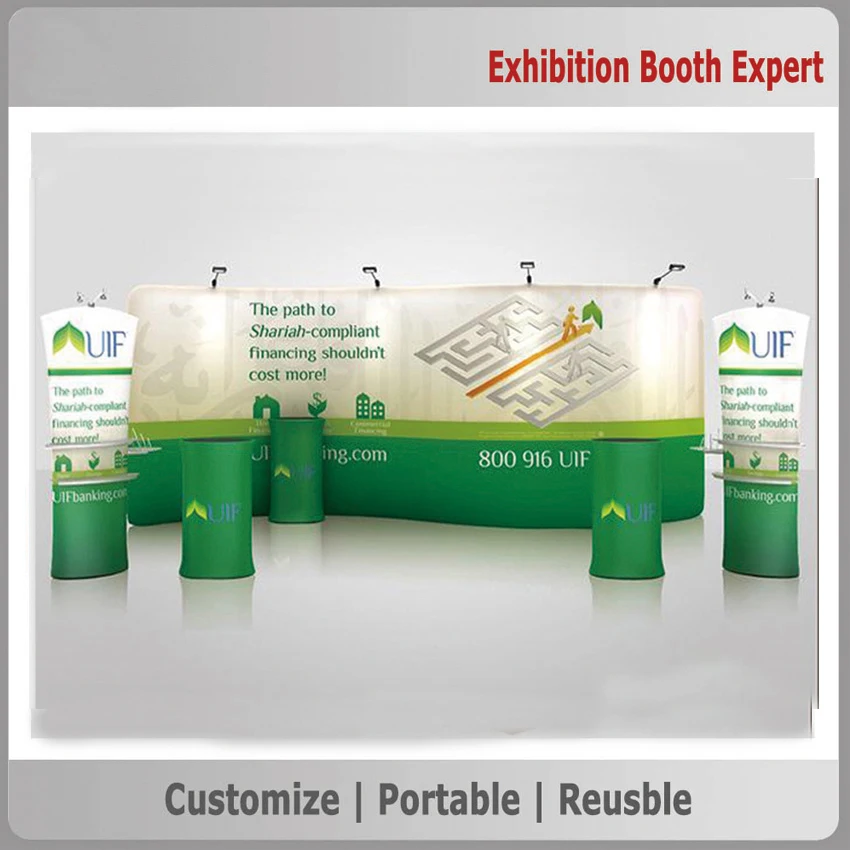 Fabric Banner Oblique Angle Stands with shelves for trade show display booth 