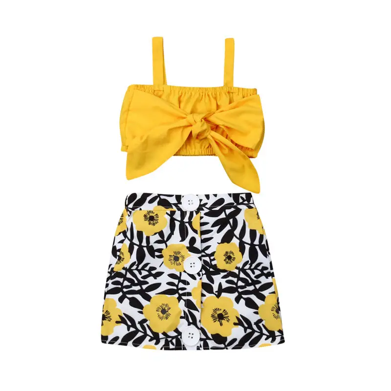 Комплект детской одежды, одежда для маленьких девочек летний желтый топ на бретелях с узлом+ юбка с цветочным принтом От 6 месяцев до 4 лет, комплект детской одежды из 2 предметов - Цвет: Цвет: желтый
