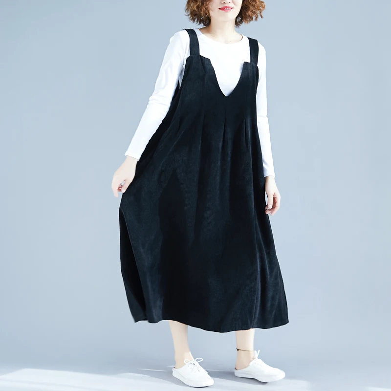 

Autumn Vintage Sleeveless Long Dress Women Casual Plus Size Overalls Mori Girl Elegant Corduroy Black Ladies Strap Midi Dresses