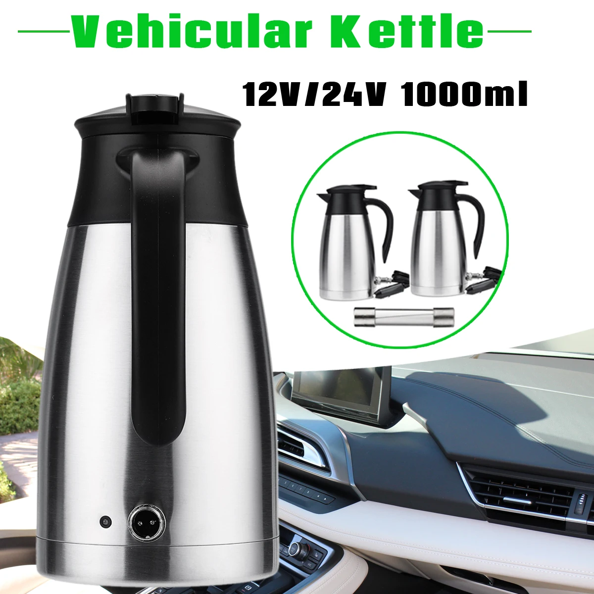 

1000ml Car Electric Kettle Stainless Steel Camping Travel Heating Cup Coffee Tea Water Heated Mug Motor 12/24V Large Capacity