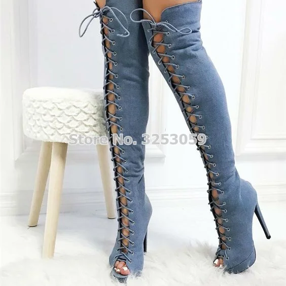 ALMUDENA/Роскошные синие джинсовые ботфорты на шпильке модельные сапоги на платформе с открытым носком и перекрестной шнуровкой обувь на каблуке для ночного клуба