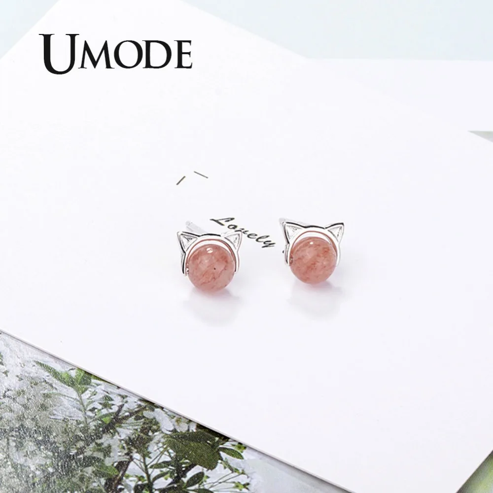 UMODE Korean Small Cute Cat Ear Strawberry Crystal Stud Earrings for Women Fashion Jewelry boucles d oreille femme UE0458