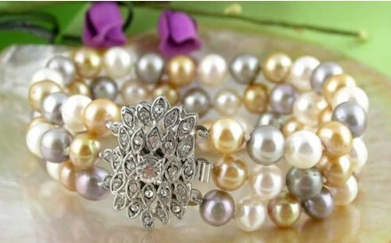 

free shipping 01243 3row white gray round champagne FW pearl bracelet bangle Natural >>free shipping