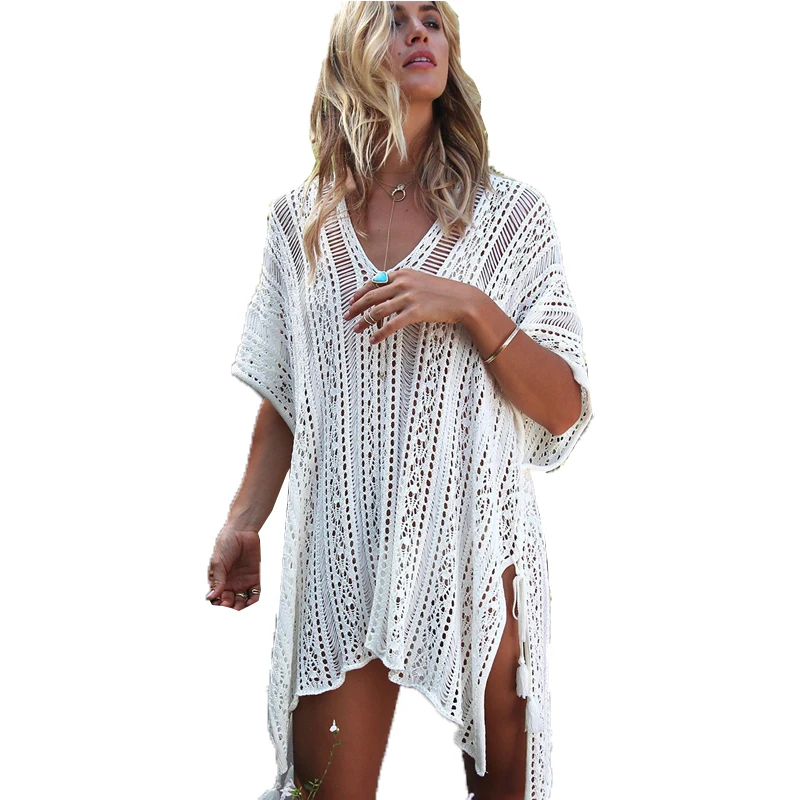 

2019 New Sexy Beach Bikini Cover Up Crochet Knitted Tassel Tie Beachwear Summer Swimsuit Cover Up Hollow Out Beach Dress