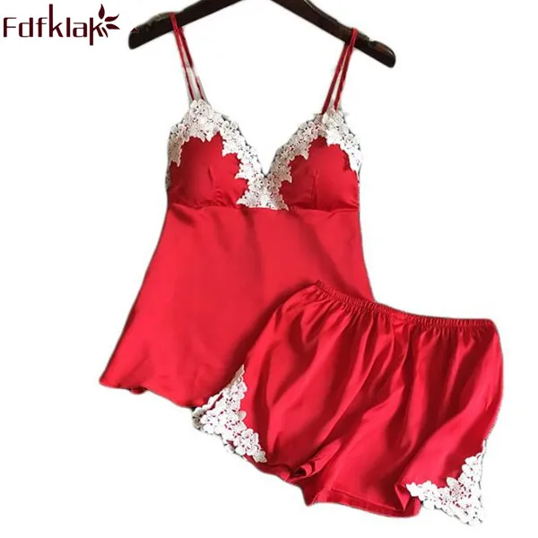 

Fdfklak Sexy Womens Sleepwear Summer Ladies Silk Pyjamas Satin Womens Pajamas Spaghetti Strap Black/Red Pijamas Mujer Q508