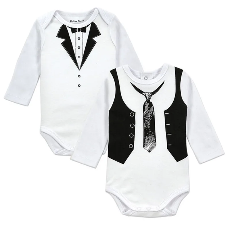 2PCS / LOT Джентльмен с длинным рукавом Мальчика Bodysuits мальчиков Одежда для девочек весна-лето Дети Комбинезон новорожденный Тела