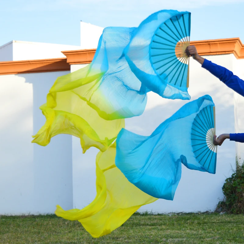 

High Selling 100% Real Silk Dance Fans 1Pair Handmade Unisex Silk Belly Dance Fans Dance Props Long Fans Turquoise+Yellow 180x90