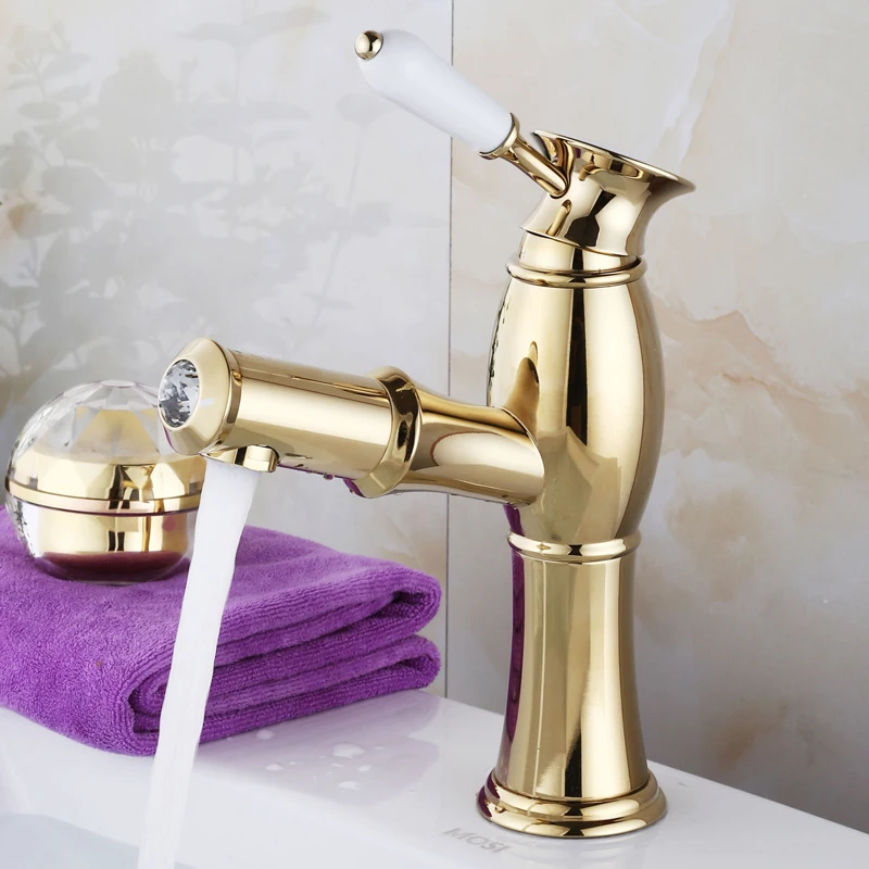 Bathroom Basin Faucets Gold Brass Pull Out Sink Faucet Shower Antique Creamic Single Hole Handle Hot and Cold Water Mixer Taps Bathroom Basin Faucets Gold Brass Pull Out Sink Faucet Shower Antique Creamic Single Hole Handle Hot and Cold Water Mixer Taps