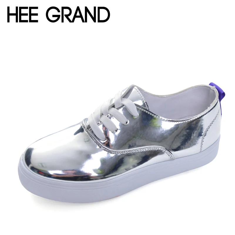 

HEE GRAND 2017 Bling Loafers Patent PU Leather Platform Shoes Woman Casual Lace-Up Flats Silver Pink Women Shoes XWD5786