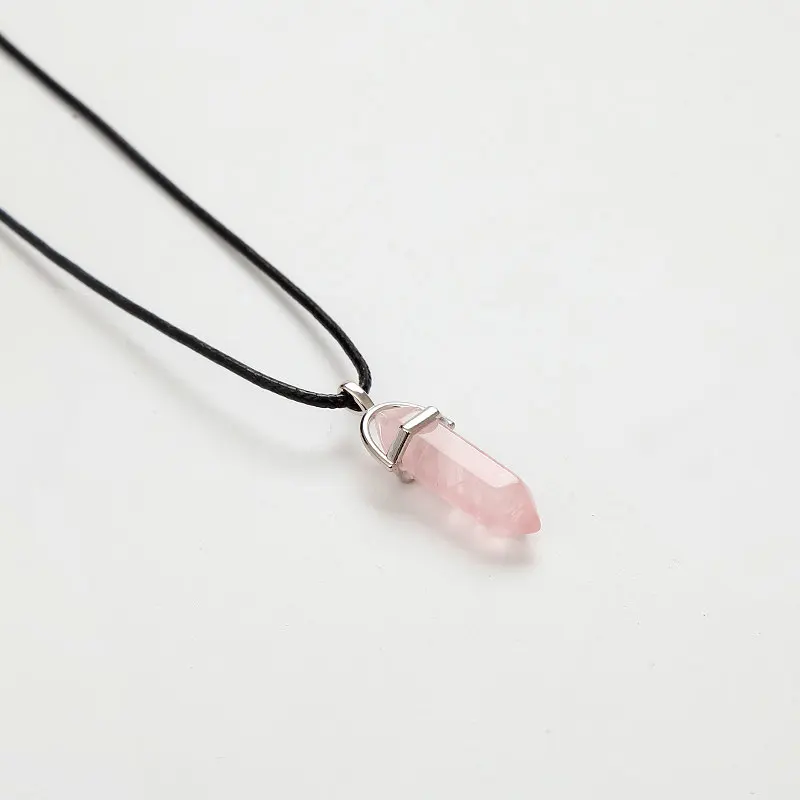 Шестиугольная колонна ожерелье s натуральный кристалл подвески розовый кулон с фиолетовым камнем кожаные цепи ожерелье для женщин ювелирные изделия - Окраска металла: Pink