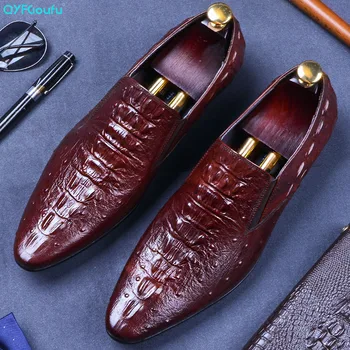 

QYFCIOUFU 2019 New Men formal shoes Genuine Leather italian luxury Male Dress Shoes Wedding Office Party Oxford crocodile shoes