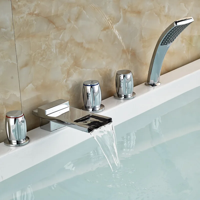 Chrome Finish Widespread Waterfall Tub Filler Bathrom Bathtub Faucet Mixer Taps w/ Handshower