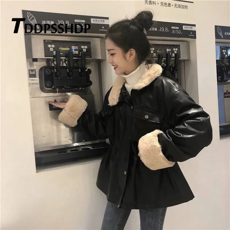 

Sleeve and Collar with White Furry Women Pu Leather Coat 2019 New Spring Autumn Female Jacket