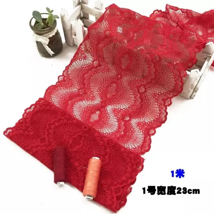 

1 Meter High Quality Elastic Lace Ribbon 23cm width Red Lace Trim Embroidered Lace Fabric Sewing Wedding Dress