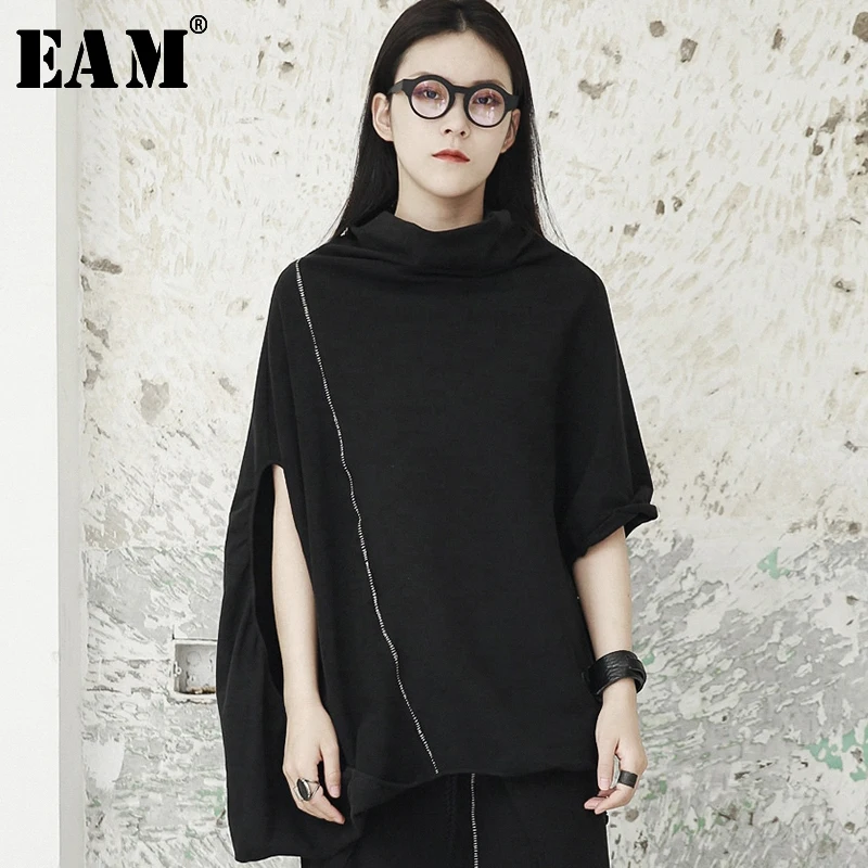 

[EAM] 2019 New Spring Round Neck Three-quarter Batwing Sleece Black Line Split Joint Sweatsirt Women Fashion Tide JG917