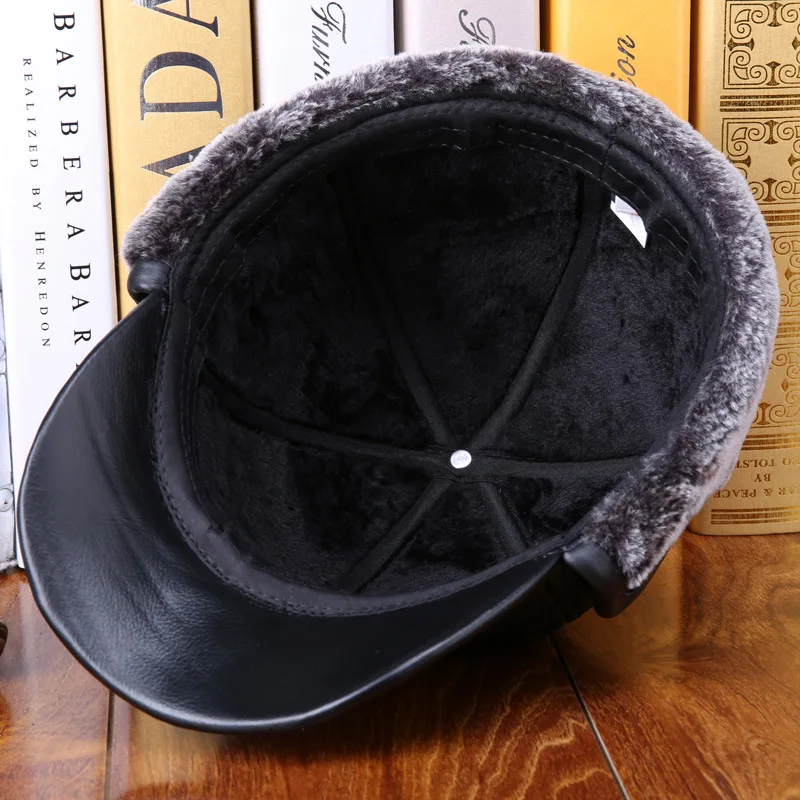 Günstig Männer Baseball Kappe Herbst und Winter Hohe Qualität Rindsleder Hut Ältere Warme Ältere Ohrenschützer Casual Leder Warme Kappe B 7257