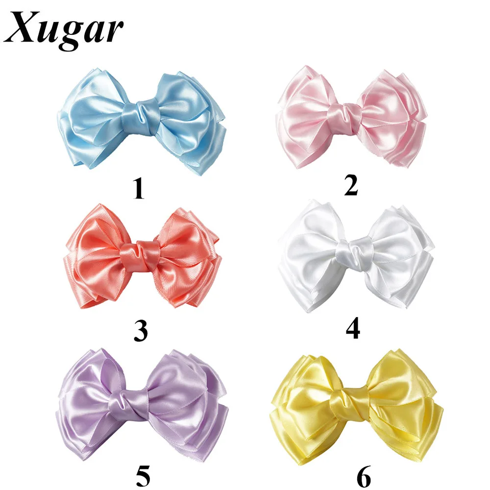 

3 Pcs/lot 5'' Boutique Three Layers Hair Bows For Children Girls Solid Satin Ribbon Hairpins Hair Accessories