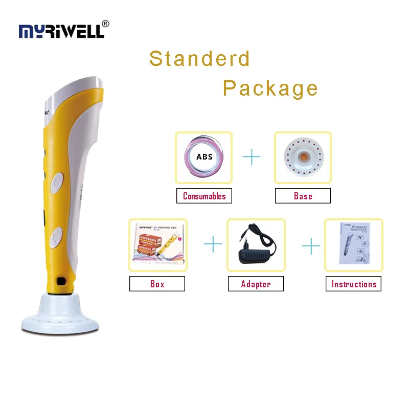 MYRIWELL RP-100A 3D Ручка с множеством оттенков, с 1,75 мм ABS нити(20 цветов* 10 м)+ 20 шт бумажная модель+ основа, лучший подарок для детей день рождения - Цвет: sigle pen yellow