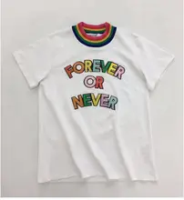 

New 2018 hot summer women's cotton knitted T shirt casual style stripe collar with forever or never letter white color ins